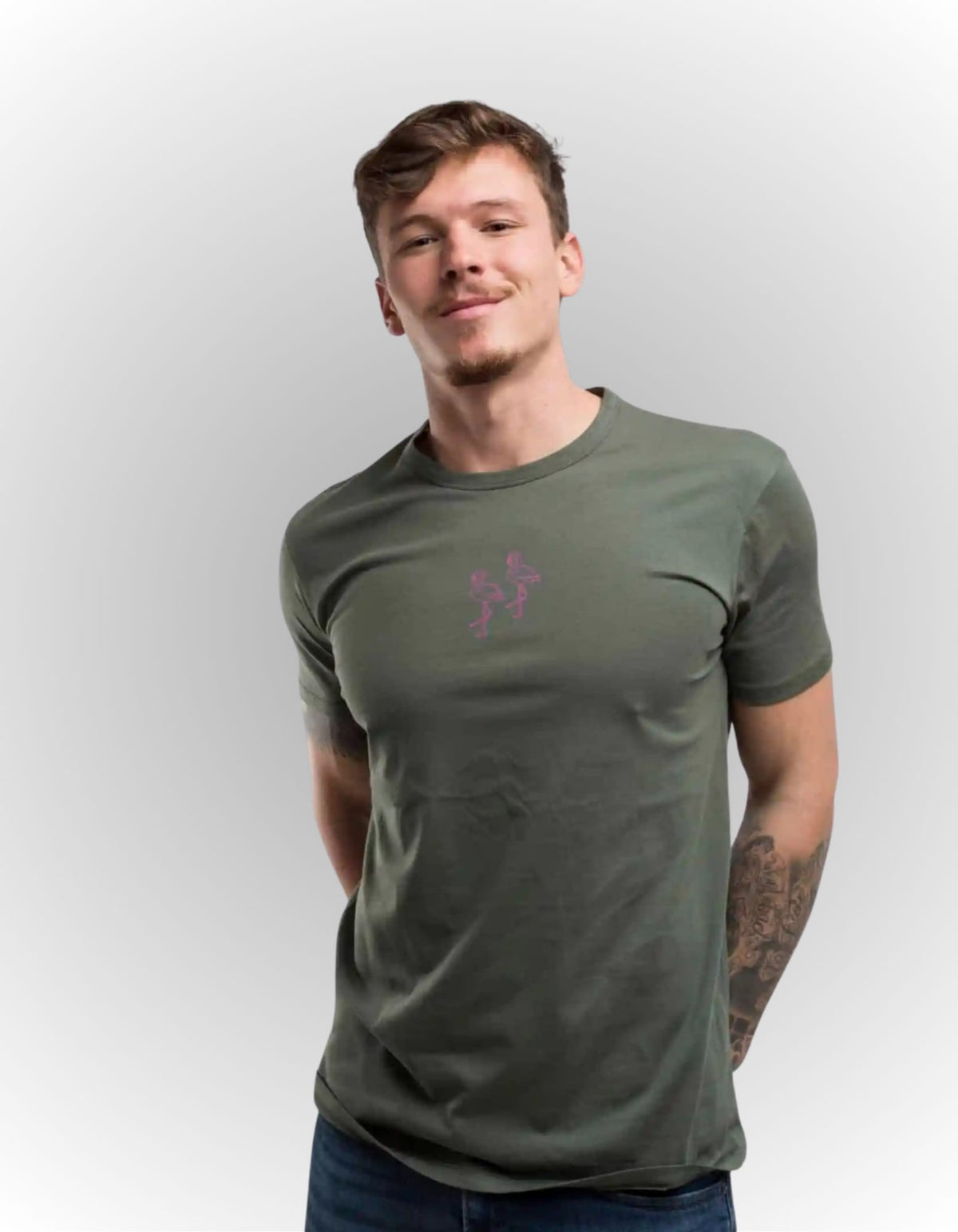 T-SHIRT שרוול קצר הדפס של זוג פלמינגו זית.